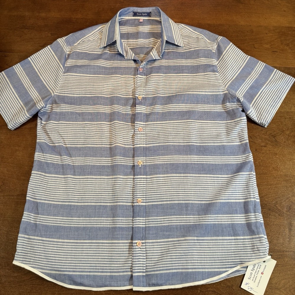 NWT Scott Spahr Men's Cotton Button Up Shirt Blue  White Stripes XL Light Weight